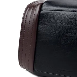 Close-up detail shot of women's soft leather handbag showing texture and contrast stitching.