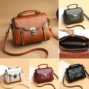 Retro PU Leather Women Crossbody Bag Vintage Casual Solid Color Shoulder Bag Metallic Lock Handbag With Adjustable Strap