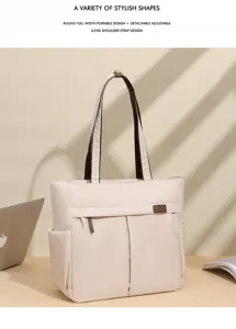 Stylish beige commute tote bag with dual handles and spacious pockets for daily work.