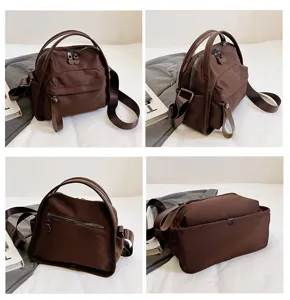 Detailed multi-angle view of a brown minimalist nylon handbag, casual shoulder crossbody bag.