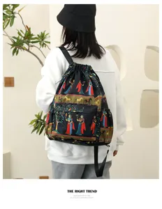 Süßer Kordelzug Rucksack für Damen, großes Kapazität Cartoon Druck, leichte Student Reisetasche.