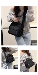 Chic black nylon mini backpack and crossbody bag for women, stylish and lightweight.