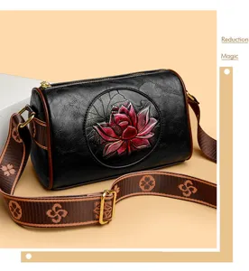 Retro Chinese style lotus embossed leather barrel shoulder crossbody bag for women