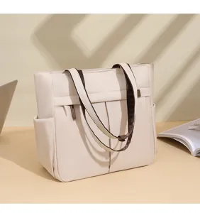 Beige commuter tote bag for women, large capacity shoulder bag for daily work and travel office.