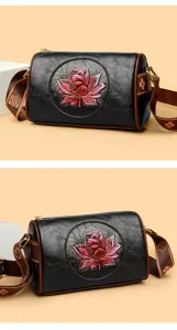 Vintage lotus embossed cylindrical crossbody bag for women, stylish commuting shoulder bag, new