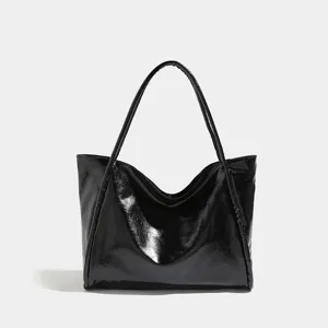 Schwarze weiche Leder Tote Bag Damen große Kapazität Schultertasche lässige Alltagstasche