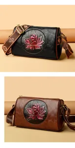 Retro Chinese style embossed lotus leather shoulder crossbody bag for women daily commute.