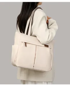 Detailed view of the stylish commuter shoulder tote bag showcasing practical pockets and straps.