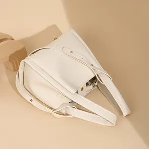 Elegante bolso cubo para mujer de cuero PU casual gran capacidad bandolera blanco