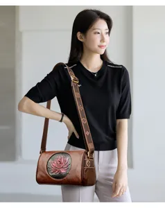 Retro women shoulder crossbody bag with embossed lotus design, stylish casual daily use.