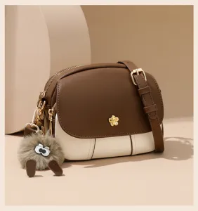 Contrast color small crossbody bag with furry charm and flower detail, mini PU leather purse.