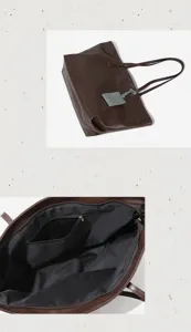 Large capacity soft leather tote bag for women, stylish commuter shoulder bag with pocket.