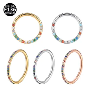 Titanium Alloy Hinged Segment Clicker Nose Ring Hoop Inlaid Colorful Rhinestone Cartilage Earring Body Piercing Jewelry For Unisex