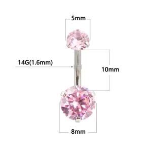 Detailed dimension view of a 316L stainless steel pink cubic zirconia navel piercing ring.