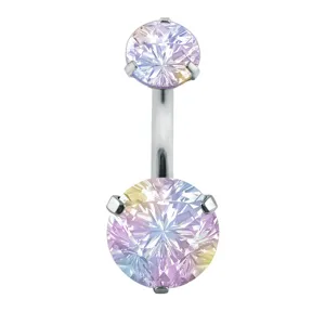 High quality 316L stainless steel curved belly button ring featuring rainbow cubic zirconia stones.