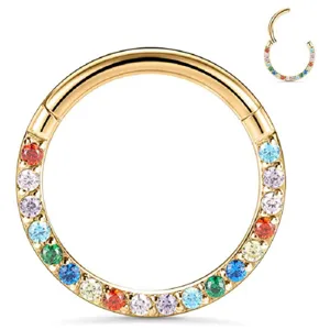Titanium hinged segment ring with multicolored cubic zirconia stones for body piercing jewelry details.