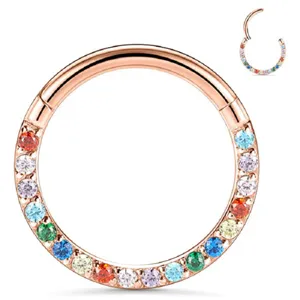 Titanium multi-color zircon piercing ring detail shot, rose gold segmented clicker nose hoop.