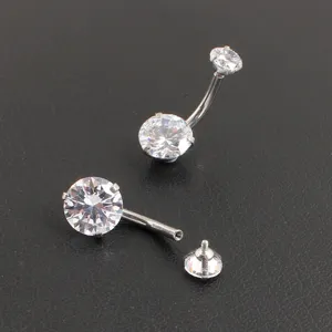 Detailed view of 316L stainless steel cubic zirconia curved barbell belly button ring jewelry.