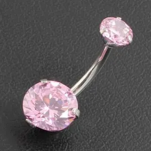Stainless steel pink cubic zirconia belly button ring body piercing body jewelry detail shot
