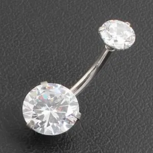 Close-up detail of 316L stainless steel curved navel ring with sparkling cubic zirconia.