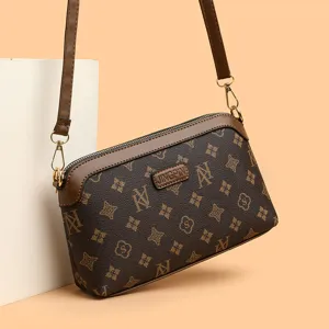 Women brown monogram crossbody bag main view showing stylish daily shoulder purse.