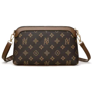 Women brown monogram leather shoulder crossbody bag classic vintage casual handbag