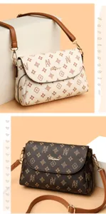 Detailed view of fashionable women shoulder crossbody bag with elegant monogram design and hardware.