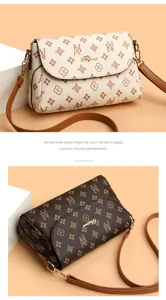 Women stylish monogram shoulder bag casual crossbody handbag with brown strap and chic hardware.