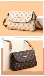 Stylish retro monogram women crossbody bag, elegant shoulder PU leather handbag with flap.