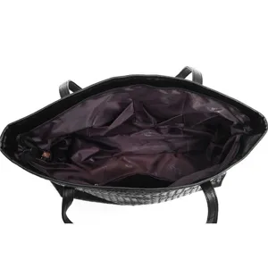 Black woven leather tote bag for women, large capacity shoulder bag with interior pockets.