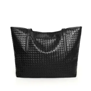 Stylish women's woven tote bag, large capacity leather shoulder bag for daily casual use.