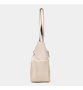 Side detail view of a minimalist beige casual tote shoulder bag for daily office commute.