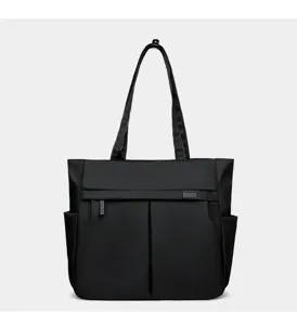 Black nylon tote bag for women, featuring dual shoulder straps and convenient front zip pocket.