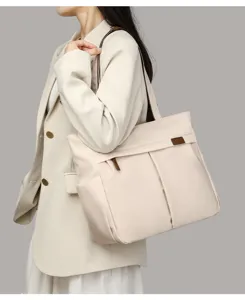 Beige commuter tote bag for women, stylish lightweight shoulder handbag for daily work office.