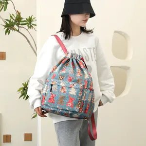 Damen Casual Oxford-Gewebe Rucksack mit großer Kapazität und Cartoon-Druck Kordelzug Schultasche Reise Daypack
