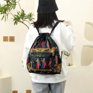 Niedlicher Kordelzug Rucksack für Damen, große Kapazität lässige Reise Schultasche mit Print.