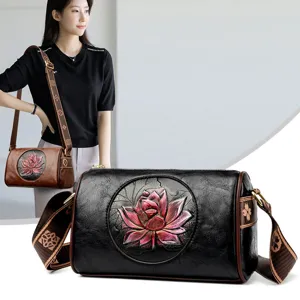 Women Fashion Commuter PU Leather Shoulder Crossbody Bag Retro Chinese Style Lotus Embossed Cylinder Handbag