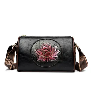 Retro Lotus Embossed Barrel Shoulder Bag Vintage Crossbody Bag for Women Daily