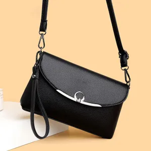 Black leather cross-body shoulder bag for women, stylish daily messenger bag with strap.