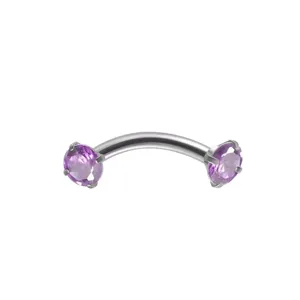 Gedetailleerde close-up van gebogen roestvrijstalen piercing sieraden met paarse stenen.