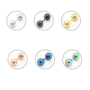 Gedetailleerd overzicht van roestvrijstalen barbell oorbellen in diverse metaalkleuren.