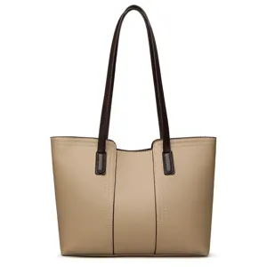 Elegant women's large capacity tote bag in chic khaki with dark brown straps, front main view.