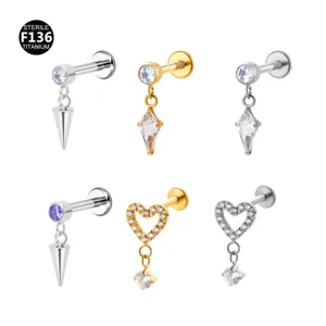 Titan Piercing Labret Stecker mit Zirkonia Anhänger, Innengewinde Körperschmuck für Ohr.