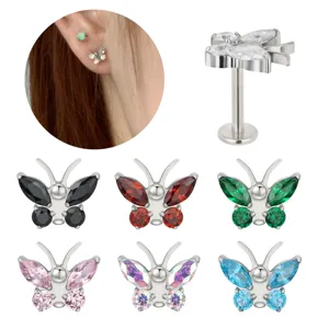 ASTM F136 Titanium Vlinder Zirconia Lipstud Intern Schroefdraad Lipring Kraakbeen Oorbel Lichaam Piercing Sieraden