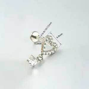 Titanium Herz Zirkon Piercing Ohrring mit Stern Anhänger, flache Rückseite Labret Schmuck.