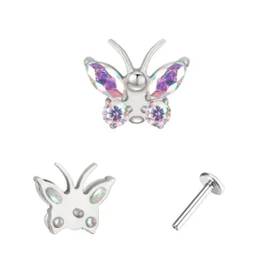 ASTM F136 titanium vlinder piercing sieraad ingelegd met schitterende iriserende zirkoniasteentjes.