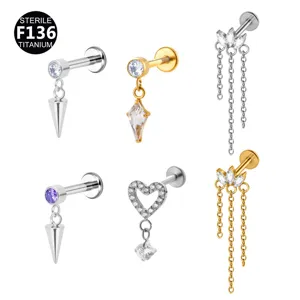 Titanlegierung Zirkonia Labret Ohrstecker Mit Innengewinde Stern Herz Anhänger Flache Rückseite Piercing Schmuck Für Damen Herren