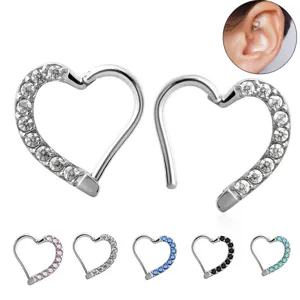 Anillo de piercing de cartílago de corazón de acero inoxidable con circonita