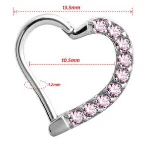 anillo de piercing de corazn de acero inoxidable 316l con circonitas rosas finas