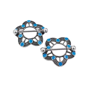 Stainless steel vintage flower shield nipple ring barbell body piercing jewelry 14G blue